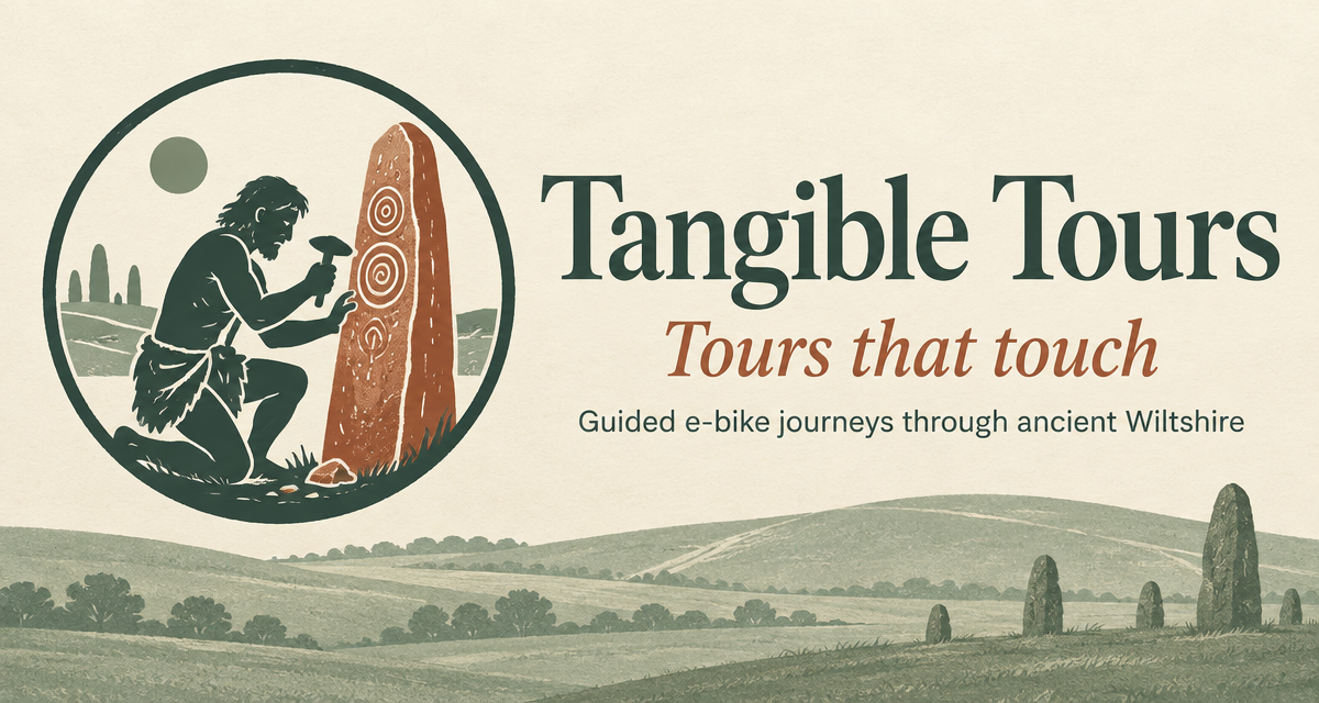 Tangible Tours — Tours that touch. A Neolithic carver works a standing stone above the Wiltshire chalk downs.