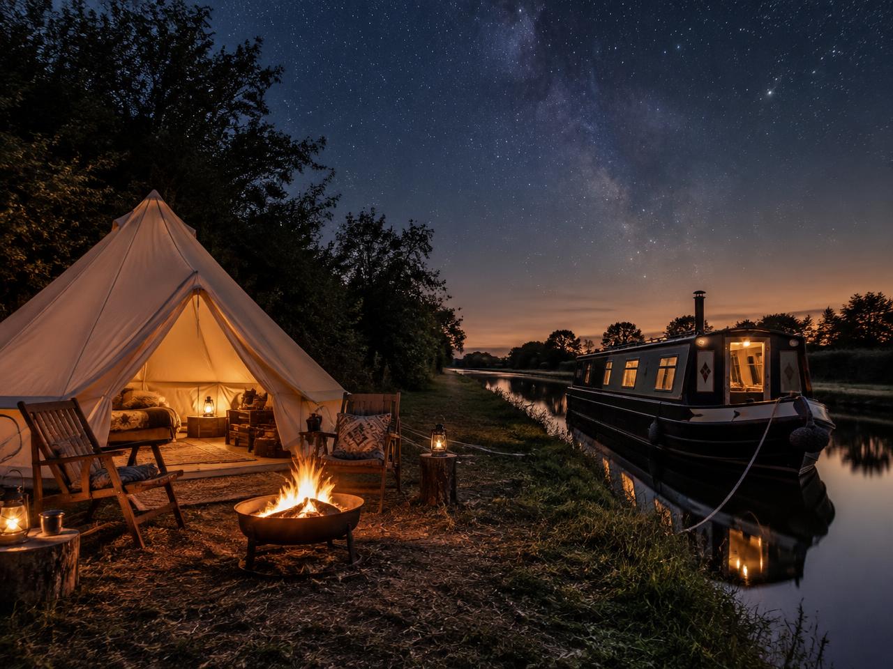 A bell tent and campfire beside a canal at night under a star-filled sky.