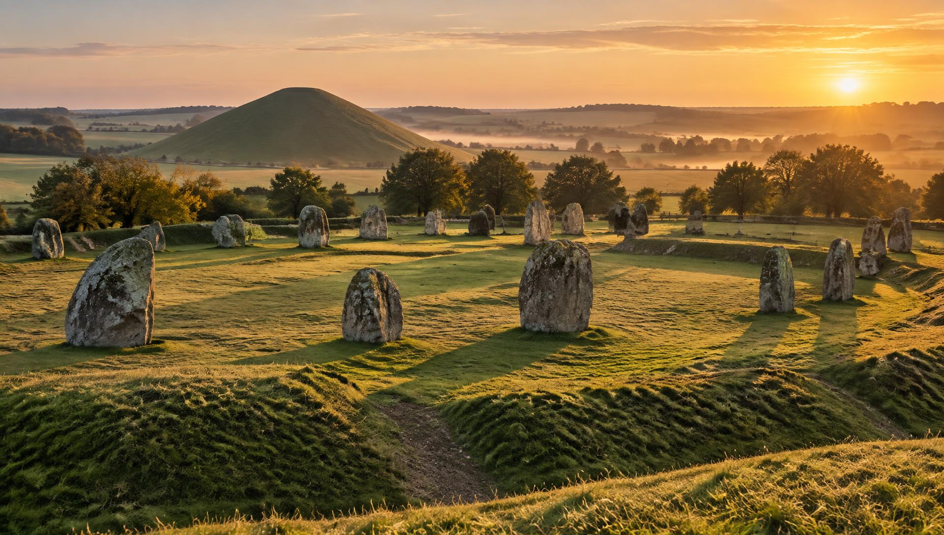 Standing stones at Avebury with Silbury Hill beyond at sunrise.